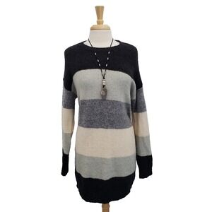 VICI Womens Large Striped Longline Sweater Gray Black Beige Soft‎ Knit Pullover